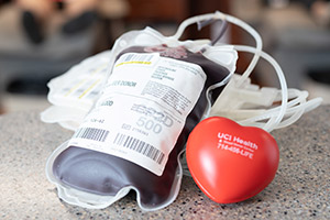 A blood donor's collection bag at the UCI Health Blood Donor Center — Irvine
