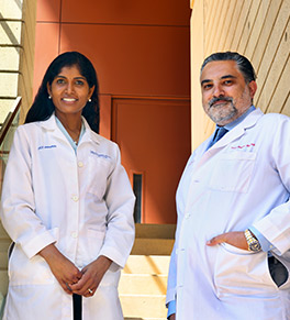 UCI Health surgical oncologist Dr. Maheswari Senthil, left, and UCI Health medical oncologist Dr. Farshid Dayyani have devised a novel clinical trial to improve care for patients with advanced gastric cancers. 