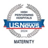 us news and world report logo with letters saying high performing hospitals 2023 maternity for uci health 