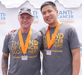 After recovering from tongue cancer treatment, John Tremblay joined his surgeon, Dr. Tjoson Tjoa, to ride bicycles in the inaugural 2017 UCI Anti-Cancer Challenge to raise funds for cancer research..