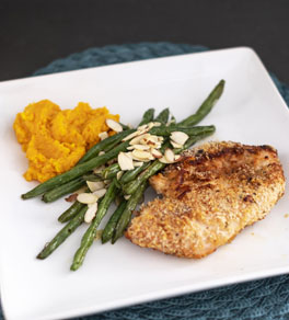 plate with chicken, mashed sweet potatoes and green beans