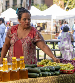 woman choosing fresh fruits and vegetables at farmers market