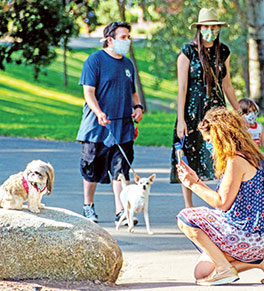 People wearing masks with their dogs at the park