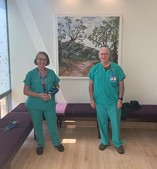 UCI Health chaplains Piro Carlisle and Patrick Thompson take time to compare notes in the hospital's meditation room.