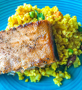 Miso salmon and cauliflower fried rice