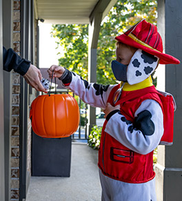 Boy dressed as a Dalmatian in a firefighter's helmet wears a safety mask as he accepts treats for his Halloween goodie pumpkin.