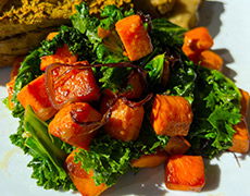 Delectable sweet potato and kale stir fry brightens up any holiday meal.
