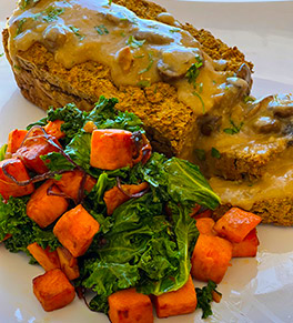 Savory Thanksgiving lentil loaf and stir-fry sweet potatoes with kale