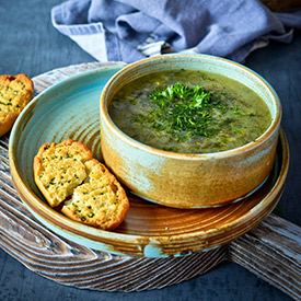 Cream of Broccoli Soup with Cauliflower Parmesan Crisp