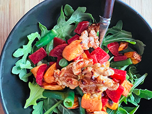 Roasted beet sweet potato and arugula salad