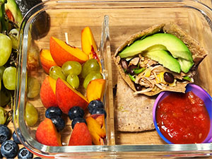 A lunch of stuffed chicken pitas and fruit skewers provide the power to get through your day.