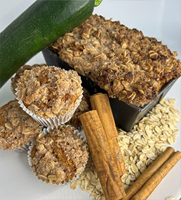 Zucchini coffee cake and muffins are made with oats and fall spices.