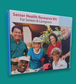 The senior healthcare kit with a photo of a group of diverse seniors on the front is displayed on a jade colored background.