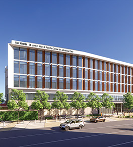 Exterior rendering of the Joe C. Wen & Family Center for Advanced Care at the UCI Health — Irvine medical comoplex.
