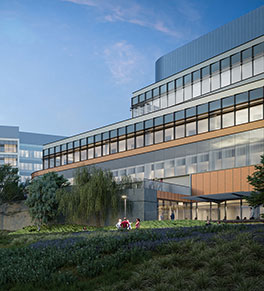 Architectural rendering of the Chao Family Comprehensive Cancer Center & Ambulatory Care building facing the San Joaquin Marsh Reserve.