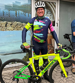 Patrick Johnson prepares to ride in a 500-mile cycling tour of the Scottish Highlands in June 2025.