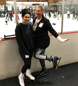 Kat Kitchen, right, is pictured in ice skates with her daaghter, Jessica Feldmann, at a local ice rink.