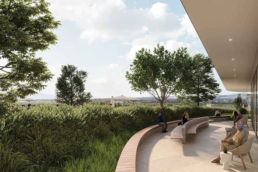 Artist's rendering of the lush green vista for patients and others seeking a contemplative space on the meditation terrace of UCI Health Artist's rendering of patients gazing on a lush landscape of greenery from the meditation terrace of UCI Health — Irvine. Irvine.spot landscape patients gazing on a lush landscape of greenery from the meditation terrace of UCI Health — Irvine.