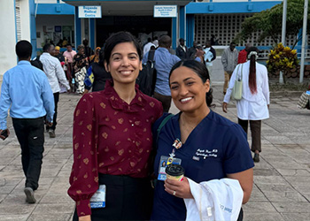 UCI Health physicians Dr. Priya Mitra and Dr. Anjali Hari are smiling outside Burgundo Medical Center.