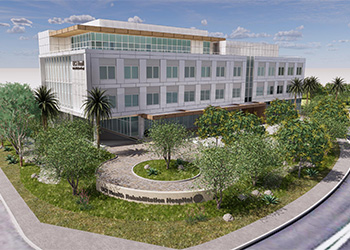 An architectural drawing shows the new UCI Health Rehabilitation hospital surrounded by green landscaping.
