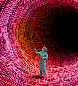 An illustration shows a large blood vessel composed of myriad strands with a surgeon standing inside using a thin tube to probe a smaller blood vessel.