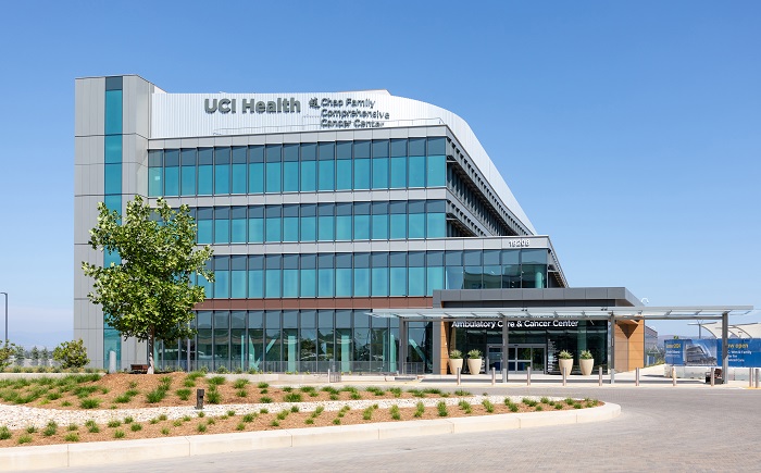 Exterior of the Chao Family Comprehensive Cancer Center and Ambulatory Care building in Irvine.
