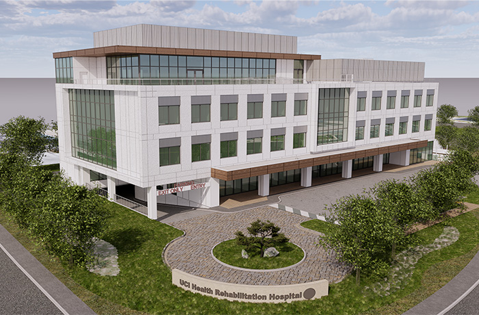 Exterior rendering of the new UCI Health — Irvine Rehabilitation Hospital