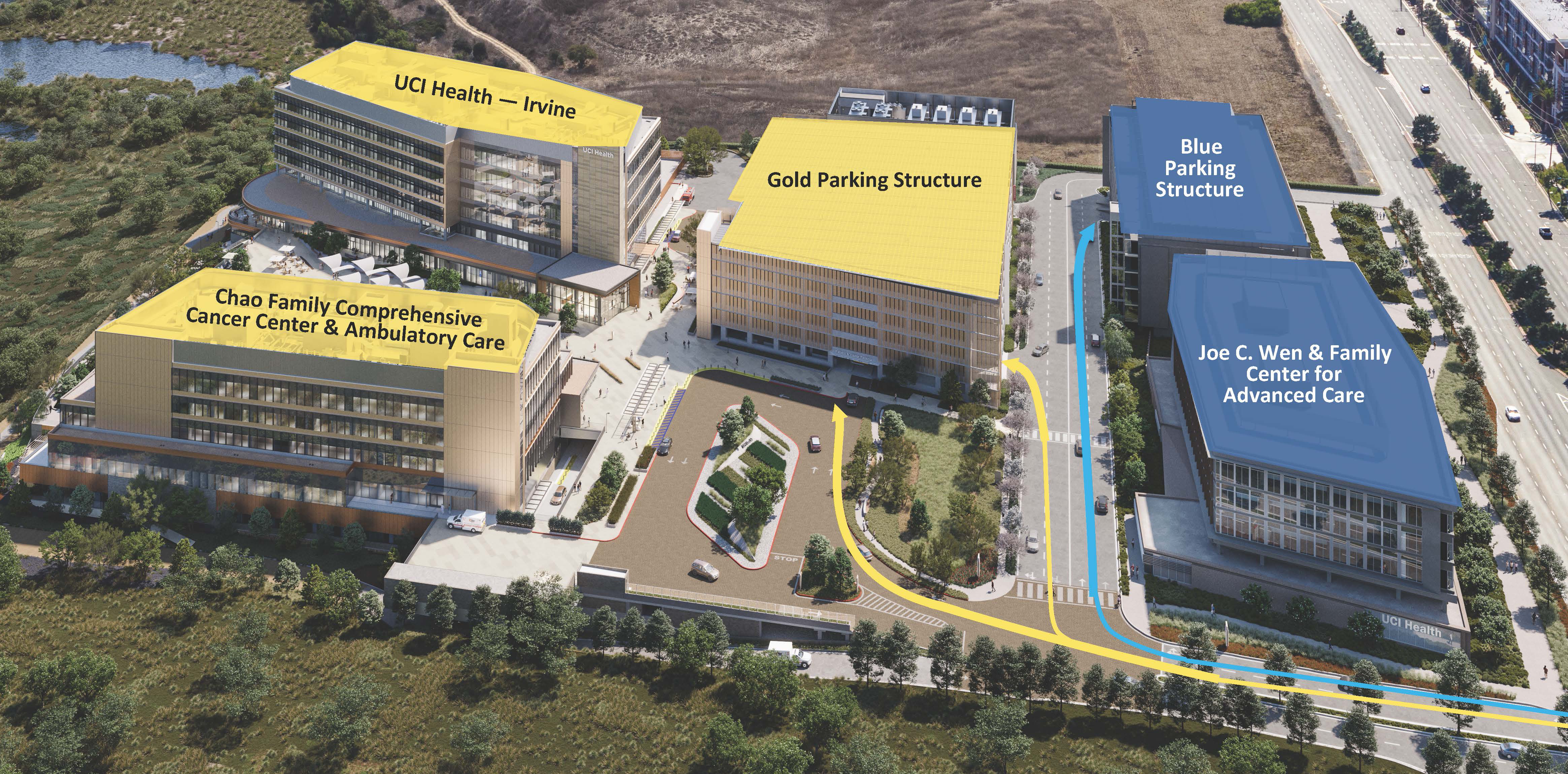 Parking map showing Blue and Gold structures for Wen Center and UCI Health Irvine