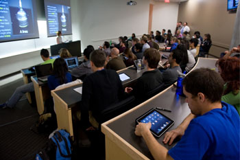Digital notes, outlines and diagrams dowloaded onto iPads aid students during lecture courses in the UC Irvine School of Medicine.