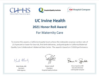 UCI Health Maternity Honor Roll 2021 certificate