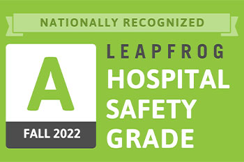A green badge showing an "A" for the fall 2022 Leapfrog Hospital Safety Grade.