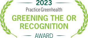 2023 practice greenhealth greening the or recognition award logo green letters on white background with laurel leaves on both sides