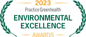2023 practice greenhealth environmental excellence awards logo green letters on white background with laurel leaves on both sides