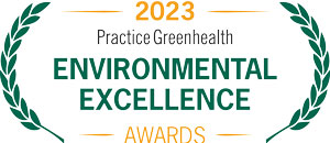 2023 practice greenhealth environmental excellence awards logo green letters on white background with laurel leaves on both sides