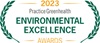 2023 practice greenhealth environmental excellence awards logo green letters on white background with laurel leaves on both sides
