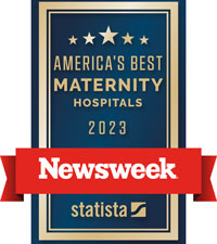 red and white Newsweek logo with words americas best maternity hospitals in gold letters on blue background; uci health is one of amerca's best maternity hospitals