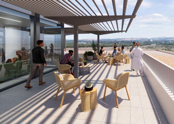 artist's rendering of betty sha terrace at the chao family comprehensive cancer center at uci health irvine people outside, walking and sitting with san joaquin marsh in the background