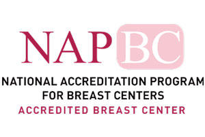 national accreditation program for breast centers accredited breast center logo burgundy and black letters on white background