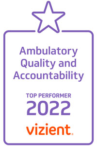 logo for the ambulatory quality and accountability top performer 2022 purple on white letters with star at top; red vizient at bottom