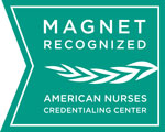 logo for magnet recognition. green background with white letters saying magnet recognized american nurses credentialing center with leaf decoration 