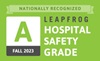Badge for Leapfrog Hospital Safety Grade saying nationally recognized A fall 2023 on green background; uci health has earned its 18th A grade from leapfrog