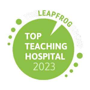 The Leapfrog Group's Top Teaching Hospital Award 2023 logo green and white letters on white background