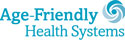 Age Friendly Health Systems logo with words and a swirl icon in blue