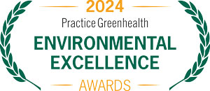 practice greenhealth awards logo reading 2024 practice greenhealth environmental excellence awards in yellow and green letters surrounded by green olive branches