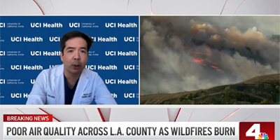 screengrab of uci health pulmonologist dr richard lee next to an image of the wildfires in los angeles talking about the reduction in air quality