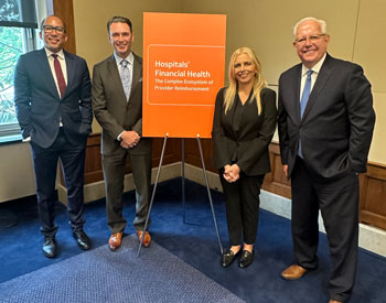 Group photo 1: From left, Randolph P. Siwabessy, Steven M. Fontaine, Stephanie Daubert and Michael D. Busch participate in Vizient’s policy briefing, “Hospitals’ Financial Health: The Complex Ecosystem of Provider Reimbursement” at the Rayburn House Office Building May 14, 2025.