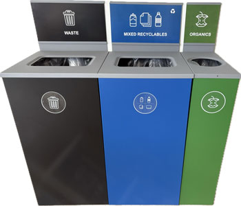 three waste bins in black blue and green for trash, recycling and organics at uci medical center in orange california
