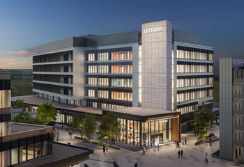artists rendering of the new uci health - irvine acute care hospital at dusk
