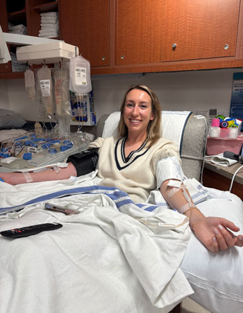 uci health phd student noelle viger donates platelets, which she does twice a month at the uci health blood donor center
