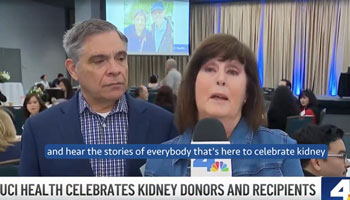 uci health kidney transplant recipient karen patterson and her husband greg patterson speak to media at the uci health kidney transplant program event to celebrate donors and recipients